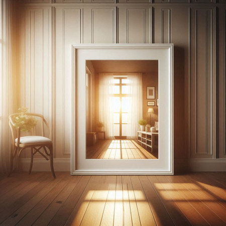 Interior of living room with white walls, wooden floor, white chair and window. 3d renderingの写真素材