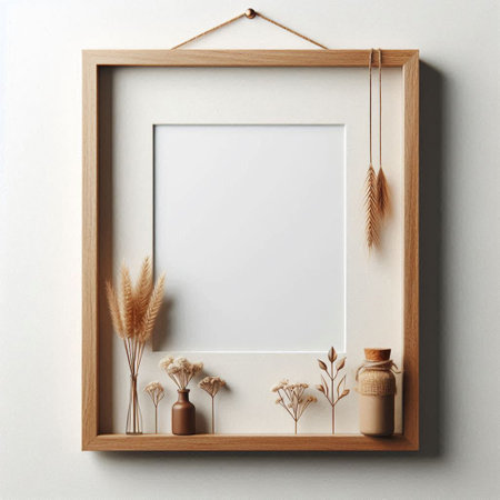 Wooden frame mockup with dried flowers on white wall. 3d renderingの写真素材
