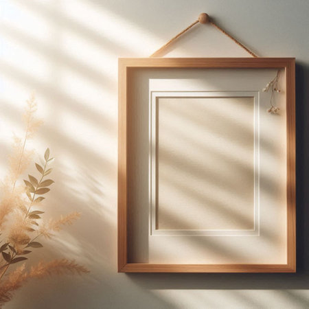 Wooden frame mockup hanging on the wall. 3d renderingの写真素材
