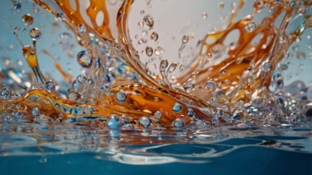 splashes of orange water on a blue background. close-up