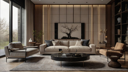 Modern living room interior design 3d rendering image.There are sofa and coffee table.