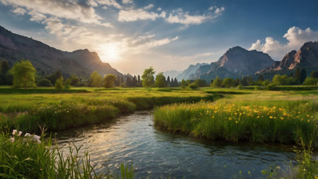 Landscape with meadow and mountain river at sunset. Natural composition.の写真素材