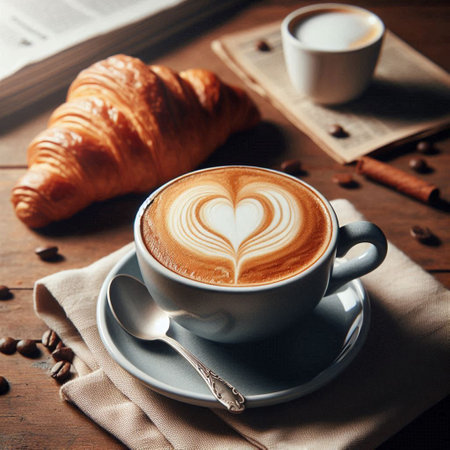 Coffee cup with milk and croissant on wooden tableの写真素材