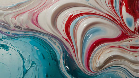 Abstract background of mixing colors in liquid paint. Blue, red and white