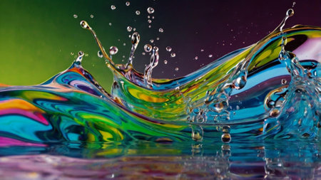 splashes of water on a colorful background close-up macro photographyの写真素材