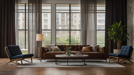 Living room with brown sofa, armchair and coffee table. 3d renderingの写真素材