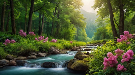 Rhododendron flowers on the mountain river in the forestの写真素材