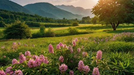 Sunset on the field with pink flowers in the foreground and mountains in the background