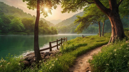 Panoramic view of lake and wood bridge in the forest at sunriseの写真素材