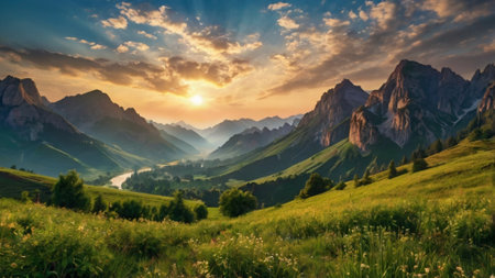 Sunset in Dolomites, Italy. Beautiful summer landscape.の写真素材