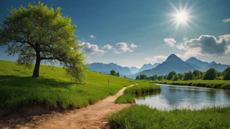 Beautiful summer landscape with a river and mountains in the background.