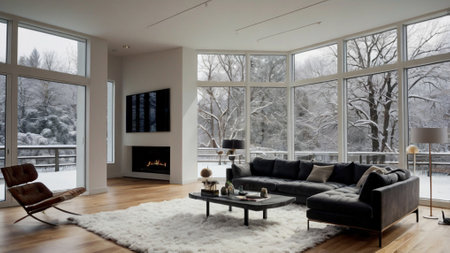 modern bright interiors apartment living room with fireplace 3D rendering computer generated imageの写真素材