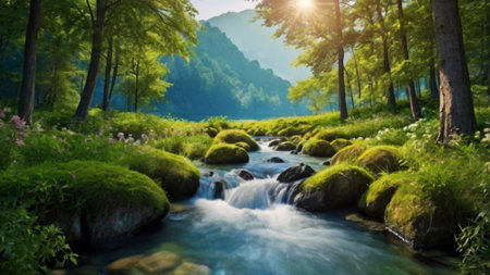 Mountain river flowing through the green forest. Beautiful nature landscape.の写真素材