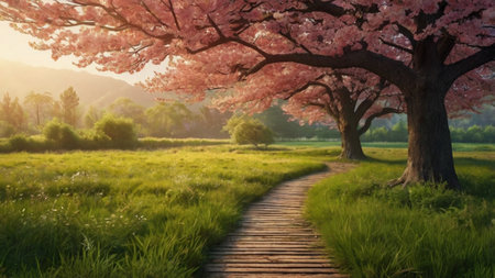 Cherry blossoms and wooden walkway in spring, Japan.の写真素材