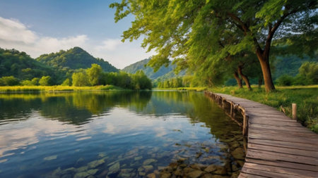 Wooden path on the lake. Beautiful landscape of the lake.の写真素材