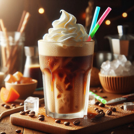 Iced coffee with whipped cream in a tall glass on a wooden table