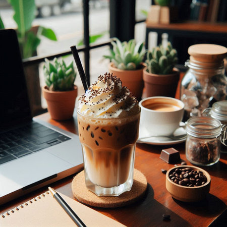 Iced coffee with whipped cream and coffee beans on wooden table.の写真素材