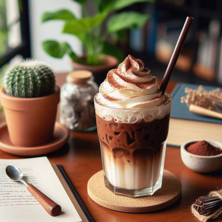 Iced coffee with whipped cream in a glass on a wooden table