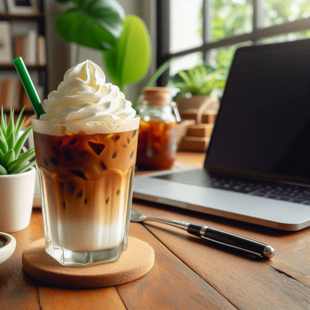 Iced coffee with whipped cream and laptop computer on wooden table.の写真素材