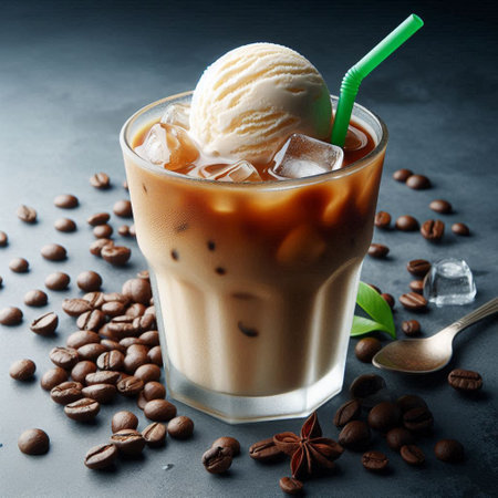 Iced coffee with ice cream and coffee beans on dark background.の写真素材