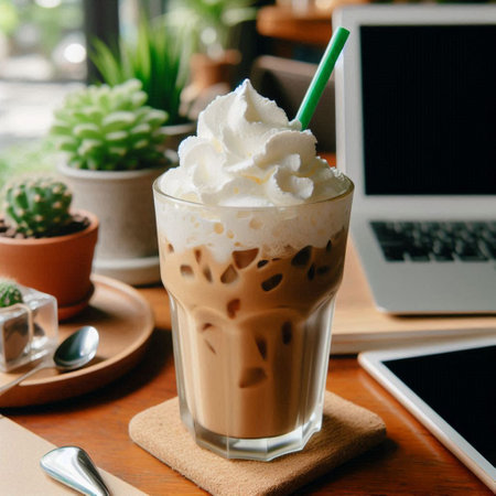 Iced coffee with whipped cream and laptop on table, stock photoの写真素材
