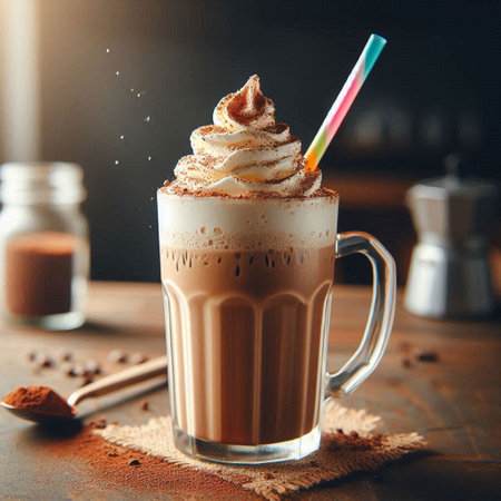 Hot chocolate with whipped cream and colorful straws on dark background.の写真素材