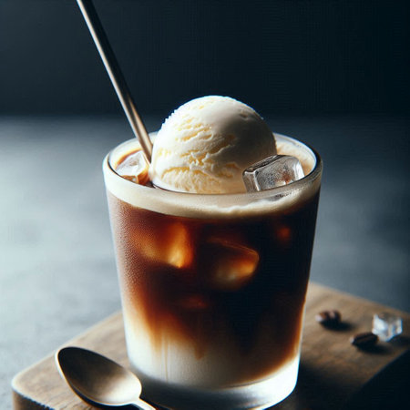 Iced coffee with ice cream in a tall glass on a dark backgroundの写真素材