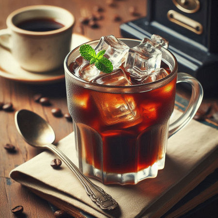 Cup of coffee with ice cubes and coffee beans on wooden table