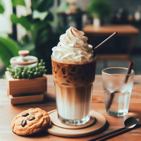 Iced coffee with whipped cream in glass on wooden table, stock photo
