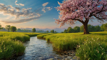Beautiful spring landscape with a blooming tree and a small riverの写真素材