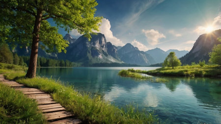Mountain lake. Beautiful summer landscape with lake and mountains in the backgroundの写真素材