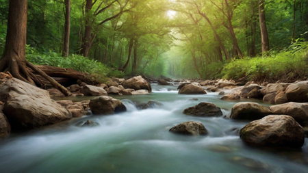 Beautiful nature landscape of green forest waterfall and stream with sunlight.の写真素材