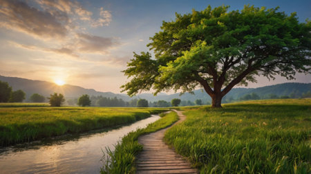 Beautiful landscape of rice field and tree in the morning at sunsetの写真素材