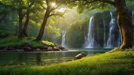 Mountain stream in the green forest. Beautiful nature scenery with a waterfall in the forest.