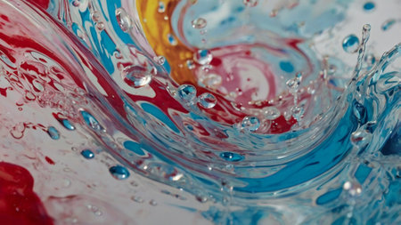 Abstract colorful background. Close up of blue, red and yellow water splashes.