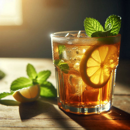 Glass of iced tea with lemon and mint leaves on wooden tableの写真素材