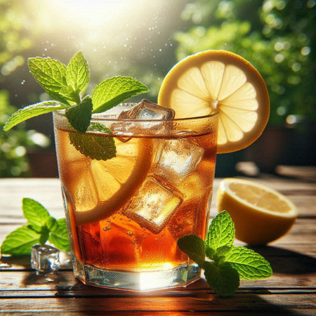 Glass of iced tea with lemon, mint and ice cubes.の写真素材