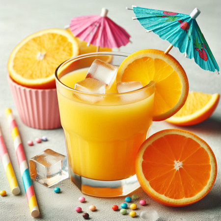 Fresh orange juice with ice cubes and cocktail umbrellas on grey backgroundの写真素材