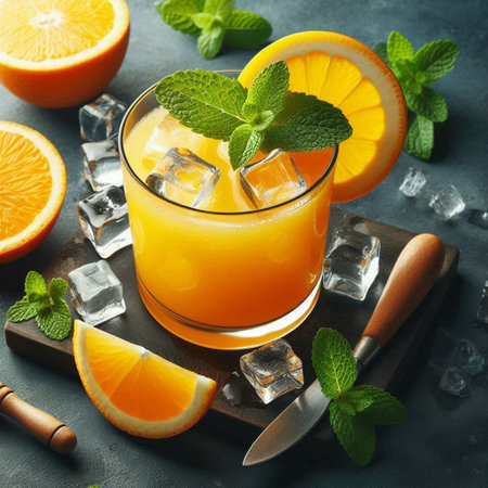 Glass of orange juice with ice cubes and mint leaves on grey backgroundの写真素材
