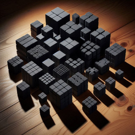 Black cubes on a wooden background. 3d rendering, 3d illustration.