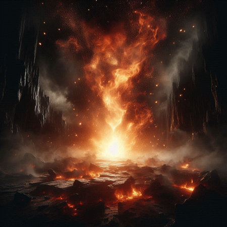 Fantasy landscape with a volcano and a fire. 3d rendering