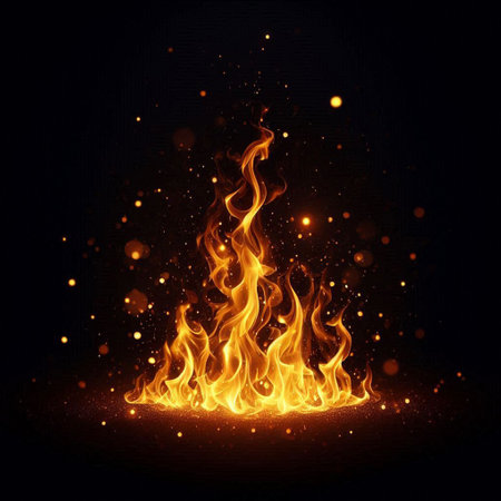 Realistic Detailed 3d Fire Flame on Black Background. Vector