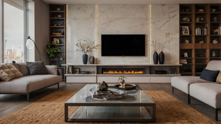 Modern living room with fireplace, sofa and TV. 3d renderingの写真素材