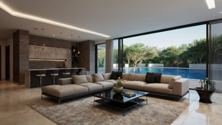 Luxury living room with swimming pool, view from the terrace