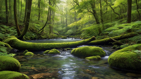 Stream in a green forest with mossy stones and trees in the backgroundの写真素材