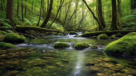 Beautiful green forest with a river flowing through it. Long exposure