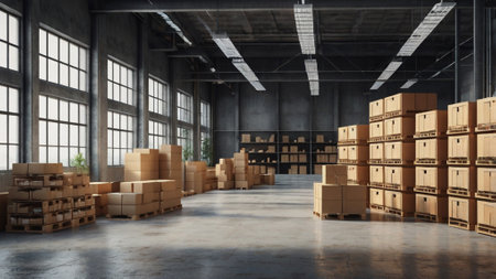 Warehouse interior with rows of wooden boxes in warehouse 3D rendering