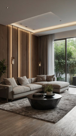 Modern living room interior with a sofa and a coffee table. Nobody inside