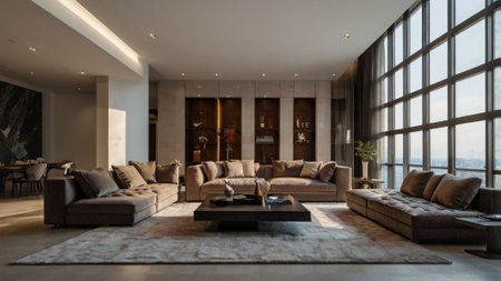 Luxury living room interior with brown sofas. Nobody inside