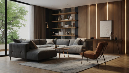 Interior of modern living room with brown and wooden walls, wooden floor, comfortable sofa and...